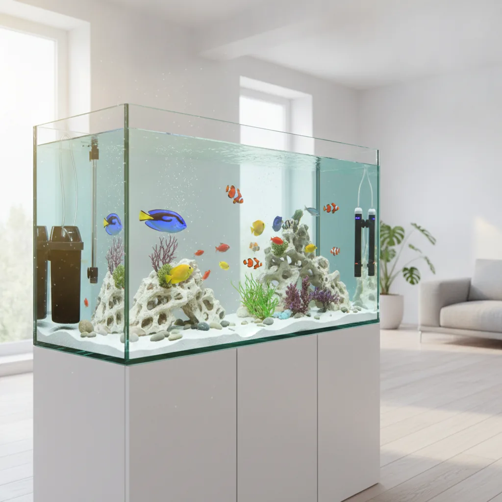 clean modern aquarium setup with vibrant tropical fish,