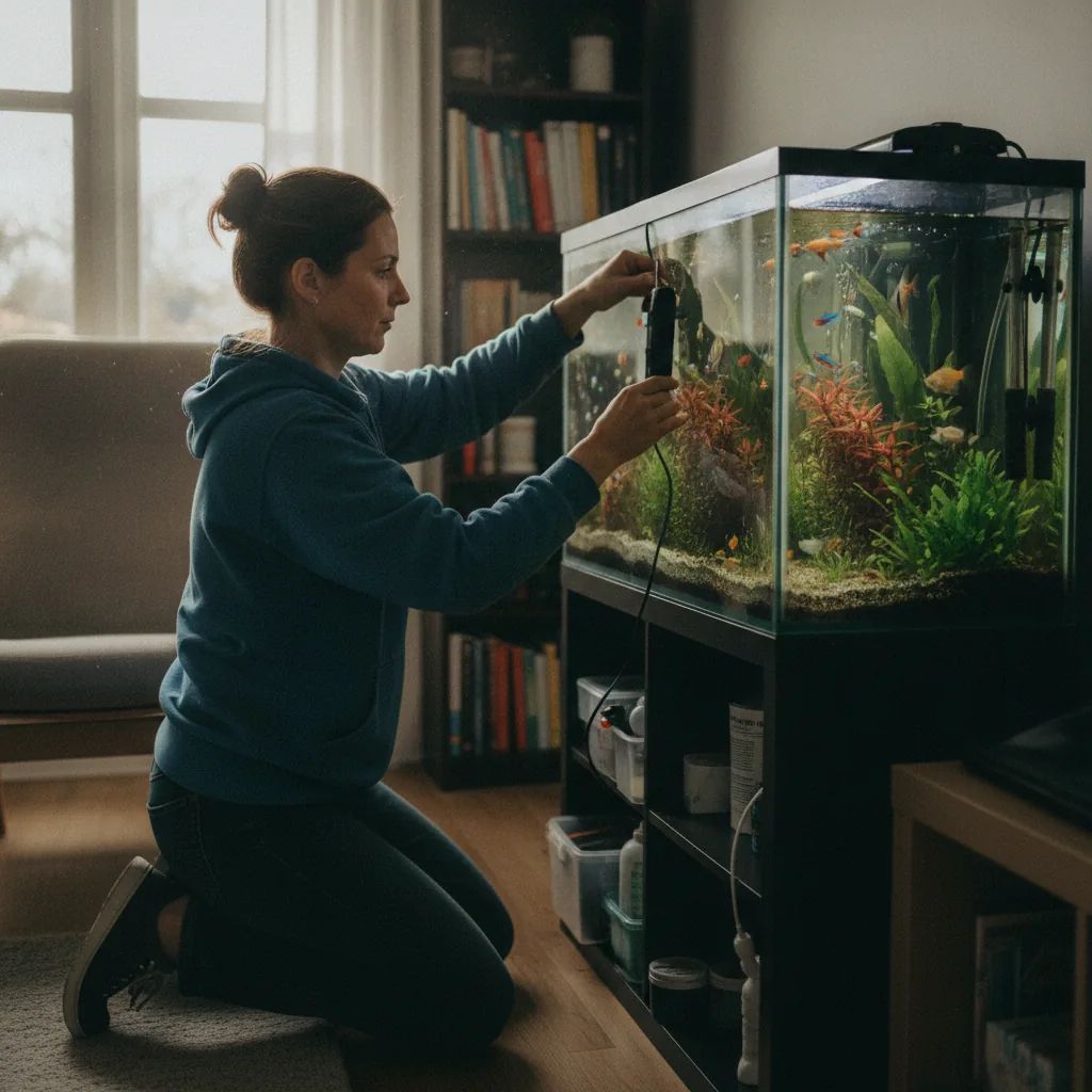 real photo of an aquarium hobbyist maintaining a