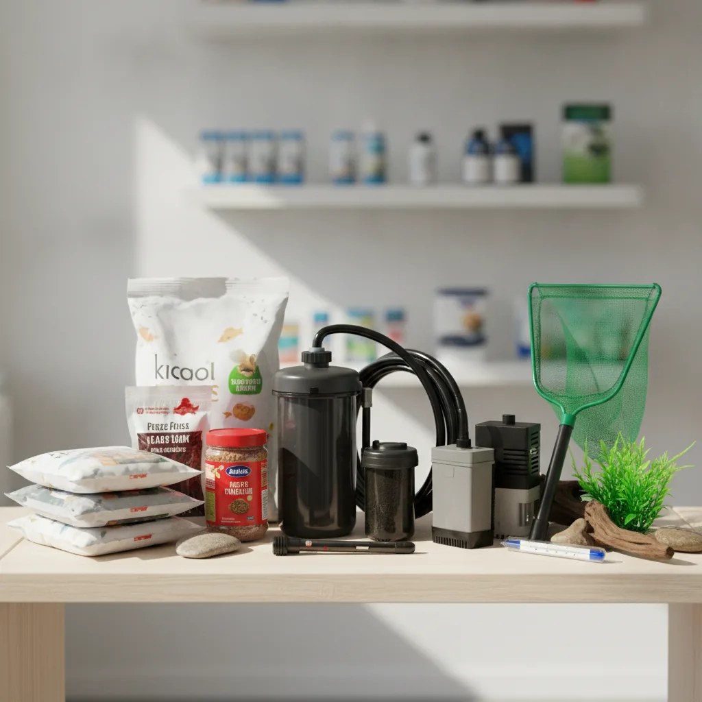 Real photo of assorted aquarium essentials displayed neatly,