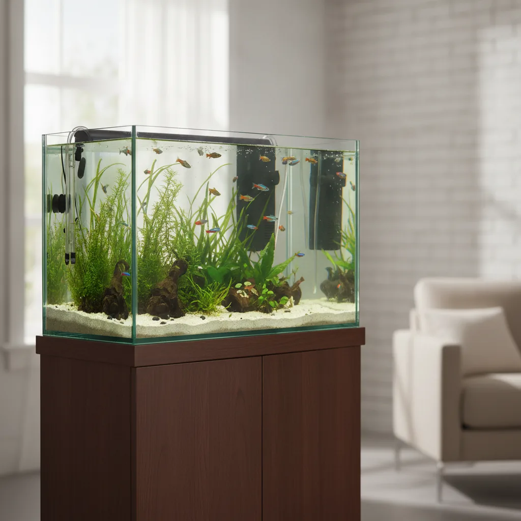 Real photo of a stylish home aquarium display